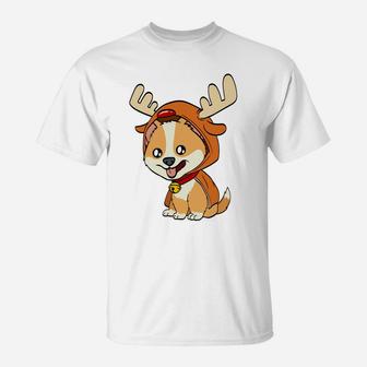 Corgi Puppy Dog Dressed As Reindeer Dogs Xmas Sweatshirt T-Shirt | Crazezy DE