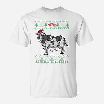 Cow Santa Claus & Lights Funny Dairy Farmer Ugly Christmas Sweatshirt T-Shirt | Crazezy