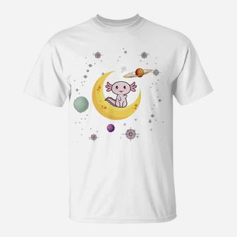 Cute Axolotl Moon Design Birthday Animal Space Lover Kids T-Shirt | Crazezy