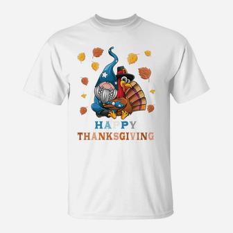 Cute Gnome Hugs Turkey Happy Thanksgiving Girls Boys Kids T-Shirt | Crazezy