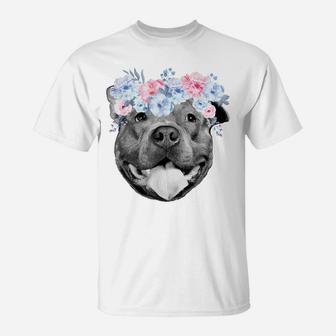 Cute Pitbull Face Floral Watercolor Flower Pittie Mom Gift T-Shirt | Crazezy