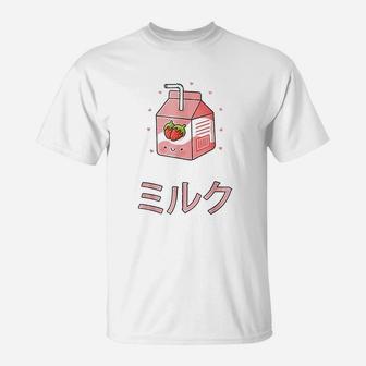 Cute Retro 90S Japanese Kawaii Strawberry Milk Shake Carton T-Shirt | Crazezy