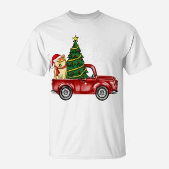 Cute Shiba Inu Dog Truck Merry Christmas Dog Lover Xmas T-Shirt | Crazezy AU