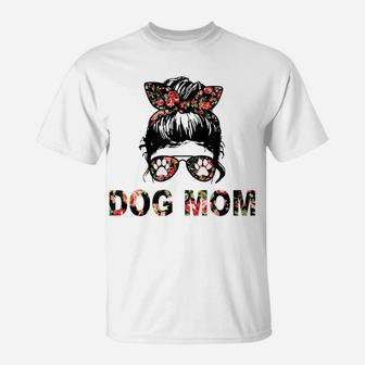 Dog Mom Messy Bun Flower Funny Dog Lover Happy Mother's Day T-Shirt | Crazezy