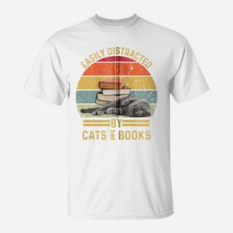Easily Distracted By Cats And Books Funny Cat And Book Lover Zip Hoodie T-Shirt | Crazezy