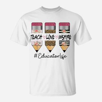 Educator Life Teach Inspire Love Three Crayon Leopard Flower T-Shirt | Crazezy UK