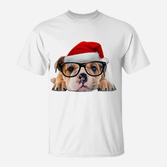 English Bulldog Puppy Glasses Dog Santa Hat Christmas Gift Sweatshirt T-Shirt | Crazezy