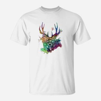 Farbenfrohes Hirsch-Aquarell Herren T-Shirt, Künstlerisches Design - Seseable