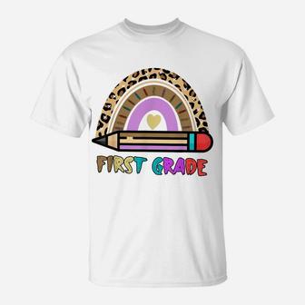 First Grade Leopard Rainbow Girls Boys Teacher 1St Grade T-Shirt | Crazezy UK