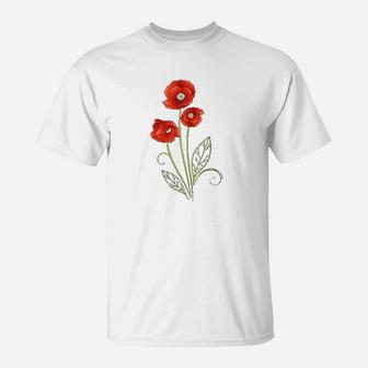 Floral Red Poppies Flower With Leaves T-Shirt | Crazezy