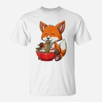 Fox Eating Ramen Ramen Noodle Lovers Fox Themed Gift T-Shirt | Crazezy