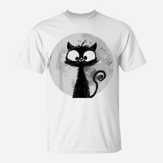 Full Moon Cat | Cute Cat In Front Of Moon | Black Cat T-Shirt | Crazezy