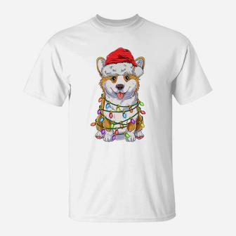 Funny Corgi Christmas Tree Lights Gift Santa Hat Dog Lover T-Shirt | Crazezy DE