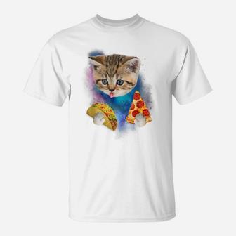 Funny Galaxy Cat Shirt | Space Cat Eat Pizza And Taco Shirt T-Shirt | Crazezy