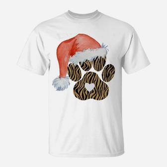 Funny Santa Hat Dog Cat Paw Print Tshirt Christmas Clothes T-Shirt | Crazezy