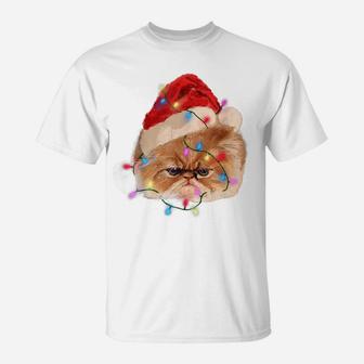 Funny Xmas Persian Cat Christmas Lights Adorable Face Fluffy T-Shirt | Crazezy