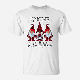Gnome For The Holidays Buffalo Plaid 3 Gnomes Christmas Xmas Raglan Baseball Tee T-Shirt | Crazezy