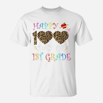 Happy 100Th Day Of 1St Grade Leopard Print Heart Kid Teacher T-Shirt | Crazezy