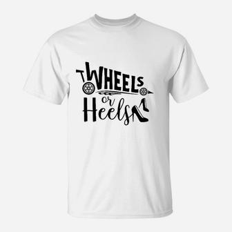 Heels Or Wheels Gender Reveal For Mom Dad Party Shower T-Shirt | Crazezy DE