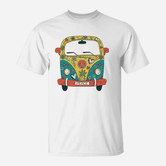 Hippie Van Flowers Love Peace Freedom Symbol T-Shirt | Crazezy