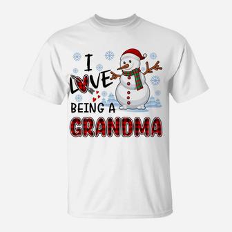 I Love Being A Grandma Cute Hearts Snowflakes Snowman Gifts T-Shirt | Crazezy