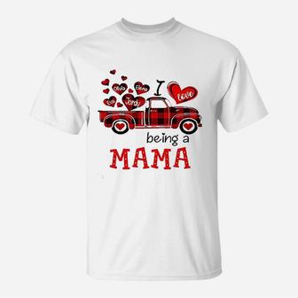 I Love Being A Mama Red Plaid Truck Heart T-Shirt | Crazezy