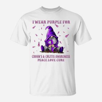 I Wear Purple For Crohn's & Colitis Awareness Gift Gnome T-Shirt | Crazezy