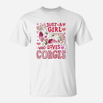 Just A Girl Who Loves Corgis Dog Silhouette Flower Floral T-Shirt | Crazezy AU