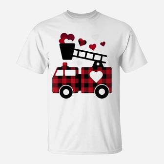 Kids Fire Truck Buffalo Plaid Valentines Day Mom Dad Son T-Shirt | Crazezy