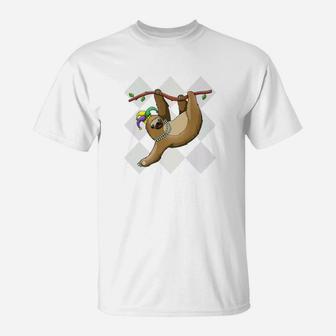 Kids Mardi Gras Funny Sloth Face Covering Beads Costume T-Shirt - Thegiftio