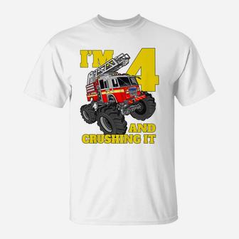 Kids Monster Fire Truck 4Th Shirt Birthday Boy 4 Firefighter Gift T-Shirt | Crazezy
