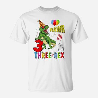 Kids Three Rex Birthday Party Outfit Dinosaur 3 Year Old Boy Girl T-Shirt | Crazezy CA