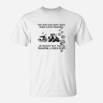 Landwirtschaft T-Shirt für Frauen, Kaffee, Traktor & Hund Motiv - Seseable
