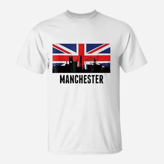 Manchester England Cityscape Skyline British Flag T-Shirt | Crazezy CA
