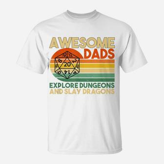 Mens Awesome Dads Explore Dungeons Dm Rpg Dice Dragon Gift T-Shirt | Crazezy UK