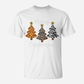 Merry Christmas Animal Leopard Zebra Giraffe Print Tree Xmas T-Shirt | Crazezy