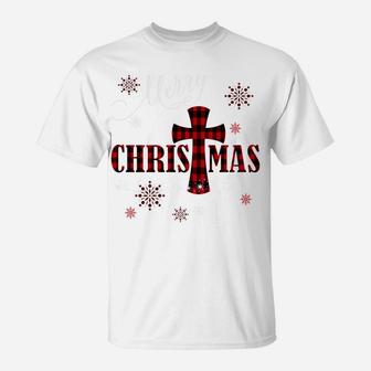 Merry Christmas Cross Buffalo Plaid Christian Holiday Gift Sweatshirt T-Shirt | Crazezy