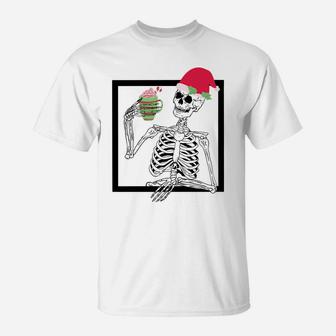 Merry Christmas Funny Santa Hat Christmas Drink Skeleton Sweatshirt T-Shirt | Crazezy UK