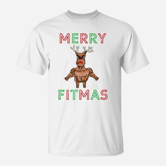 Merry Fitmas Christmas Reindeer Bodybuilding Weight Training T-Shirt | Crazezy