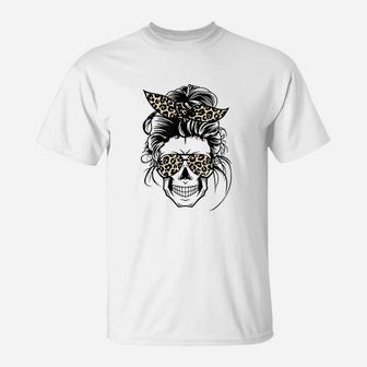 Messy Bun Skull Leopard T-Shirt - Thegiftio UK