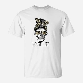 Mom Life Mama Life Messy Bun Dead Tired Mama Leopard Skull T-Shirt | Crazezy DE