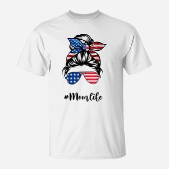Mom Life Messy Bun America Flag Mothers Day Gift 4Th Of July T-Shirt | Crazezy