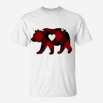 Momma Bear Christmas Buffalo Plaid Red White & Black Gift T-Shirt | Crazezy