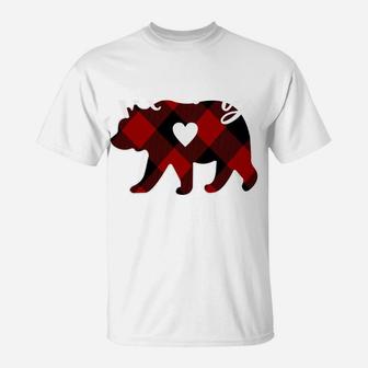 Mommy Bear Christmas Buffalo Plaid Red White & Black Gift T-Shirt | Crazezy UK