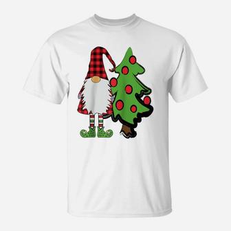 Nordic Gnome Christmas Tree Tomte Nisse Holiday Cute Plaid Raglan Baseball Tee T-Shirt | Crazezy
