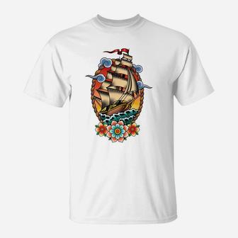 Old School American Traditional Tattoo Flash Clipper Ship T-Shirt | Crazezy