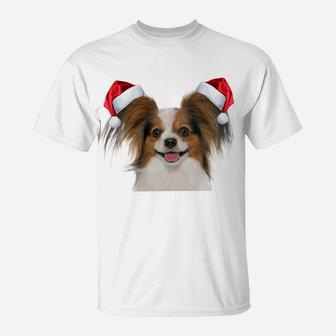 Papillion Shirt Fun Dog Santa Hat Image Funny Christmas Gift Sweatshirt T-Shirt | Crazezy