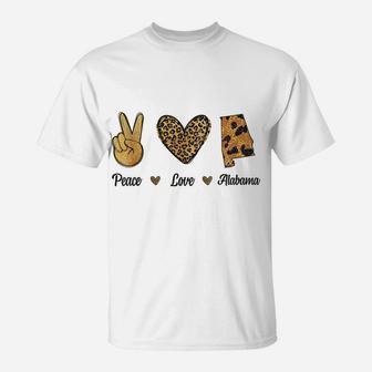 Peace Love Alabama Leopard Flag Map Souvenirs For Men Women T-Shirt | Crazezy UK