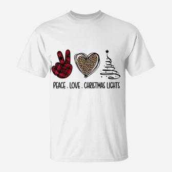Peace Love Christmas Lights Buffalo Plaid Red Leopard Xmas T-Shirt | Crazezy CA
