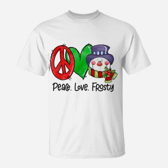 Peace Love Frosty Peace Sign Snowman Hippy Hippie Christmas T-Shirt | Crazezy